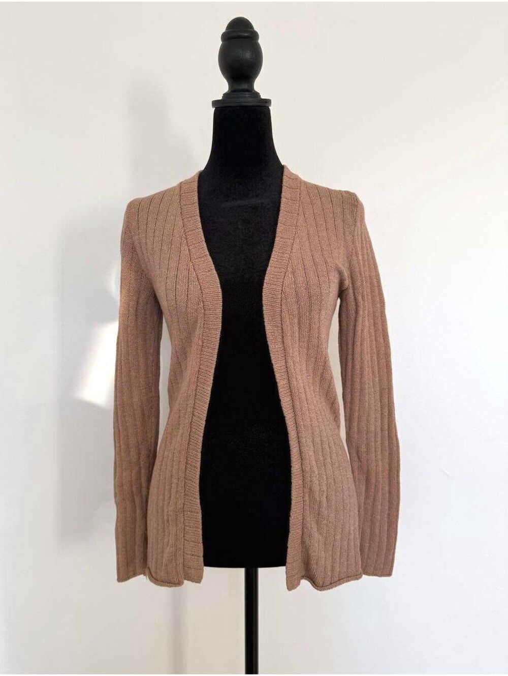Vintage 1970s Adolfo at Saks Fifth Avenue Ribbed Knit Cardigan in Tan, XS/S